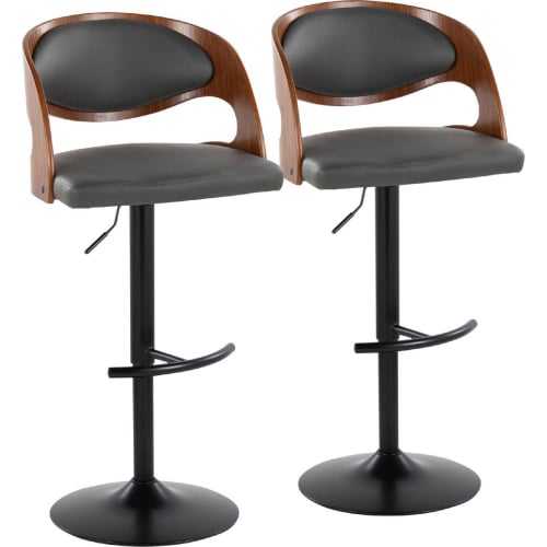 Pino Adjustable Swivel Bar Stool in Black Metal, Walnut Wood & Grey Leatherette (Set of 2)